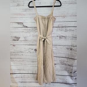 Loft M Wide Leg Tie Waist Pocket Jumpsuit in Light Tan